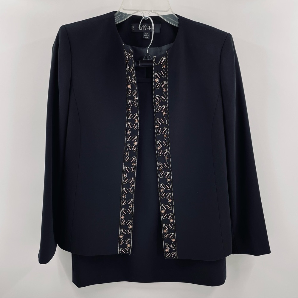 Kasper 2 Piece Black Beaded Embellished Lined Jacket Zip Skirt Suit Set Office